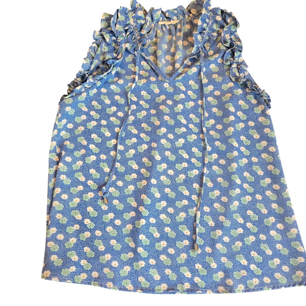 Entro Blue Floral Daisy Ruffle Sleeveless V-Neck Tie‎ Blouse Top Large T18282
